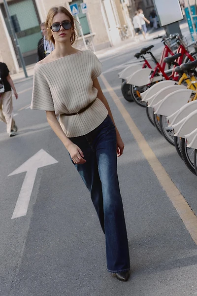 ASYMMETRIC WOOL BLEND BELTED TOP