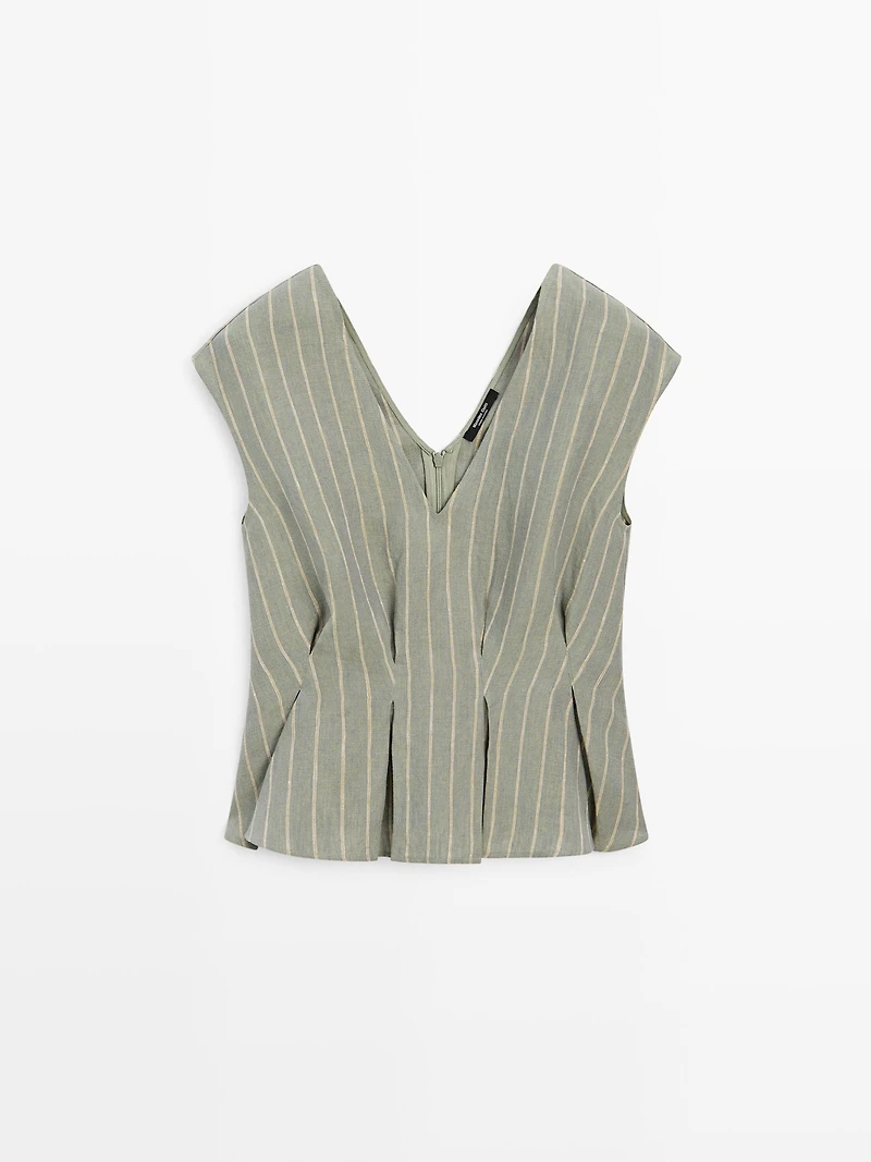100% linen striped top with pleated details
