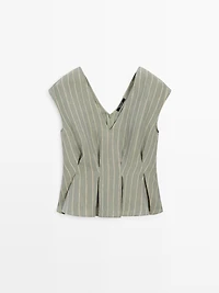 100% linen striped top with pleated details