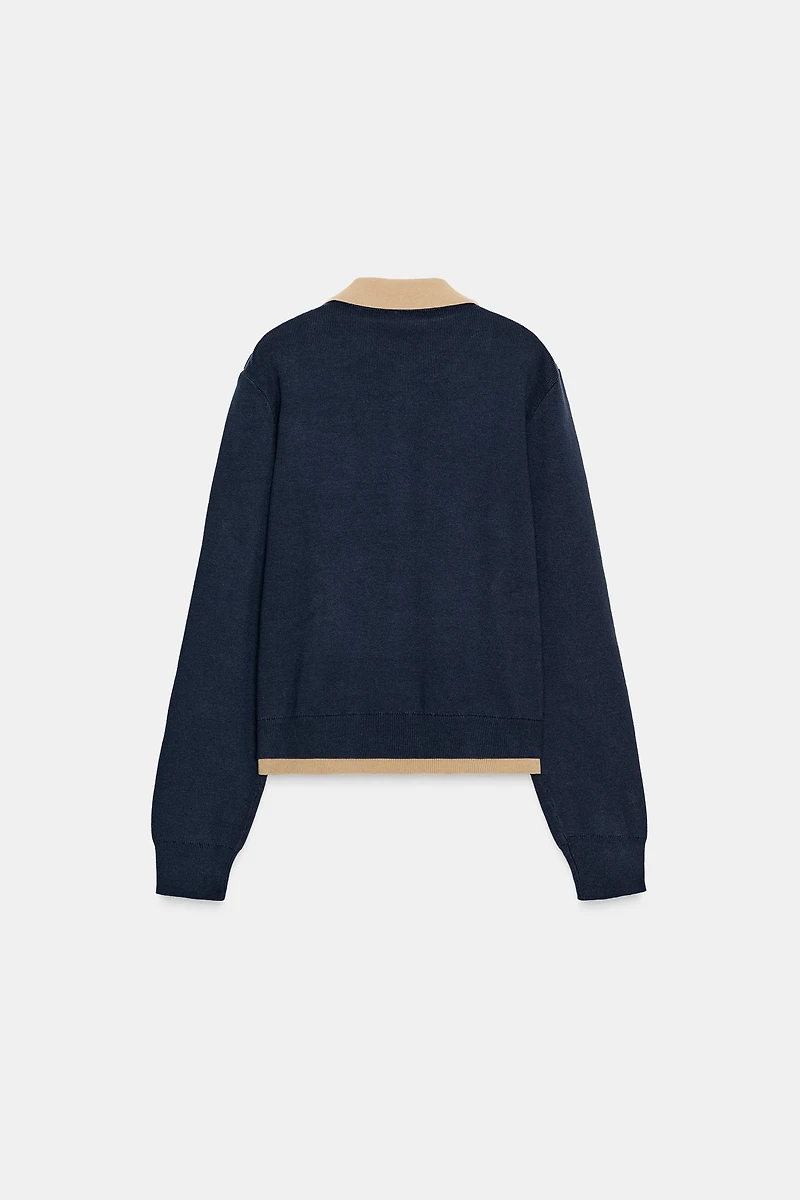 CONTRAST DOUBLE LAYER KNIT POLO CARDIGAN