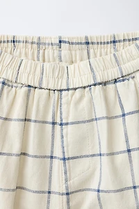 COTTON LINEN BLEND PLAID BAGGY PANTS