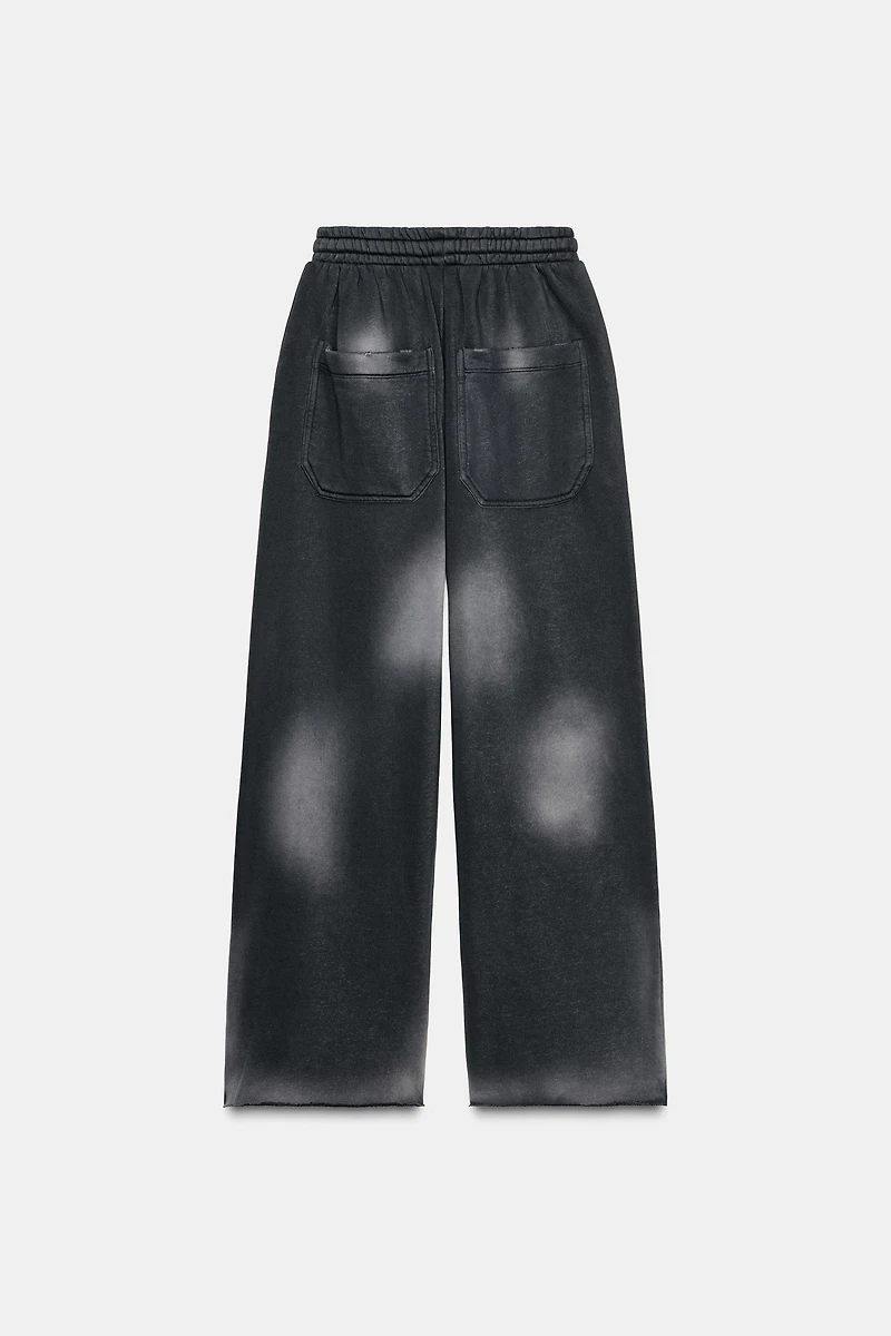 WASHED EFFECT RIPPED FLEECE PANTS