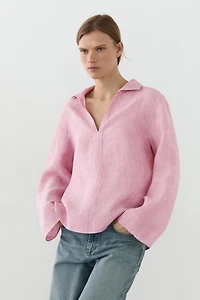 100% linen notch lapel collar blouse