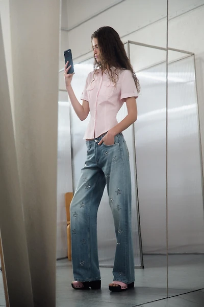 TRF LOW RISE WIDE LEG RHINESTONE JEANS