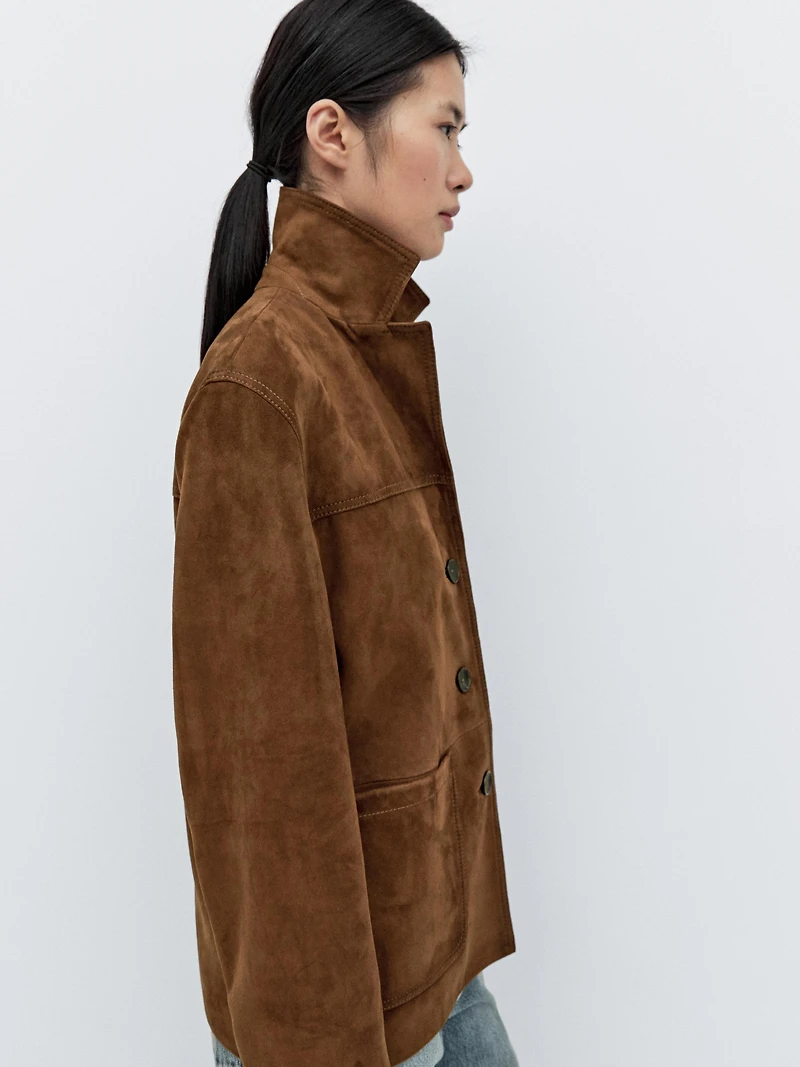 Suede leather blazer with topstitching