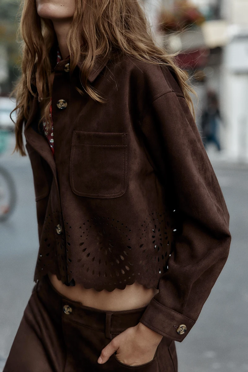 DIE-CUT HEM FAUX SUEDE JACKET