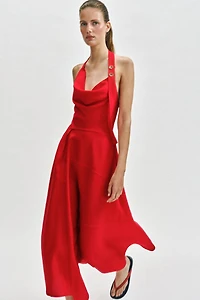 LINEN BLEND HALTER MIDI DRESS