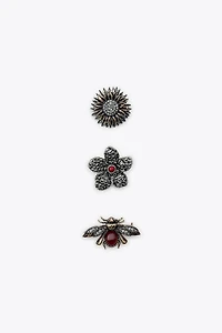 PACK OF 3 METAL FLOWER AND BEE BROOCHES