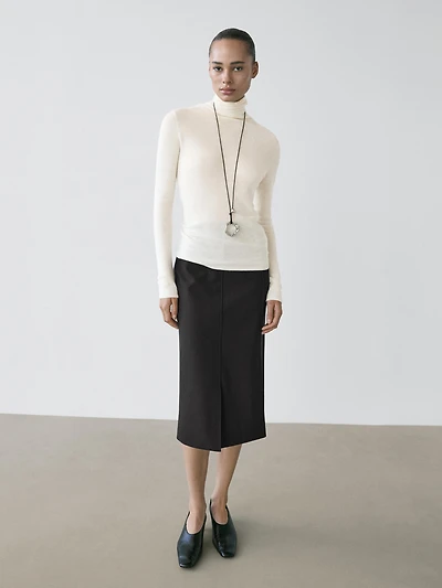 Straight fit wool blend midi skirt with slit