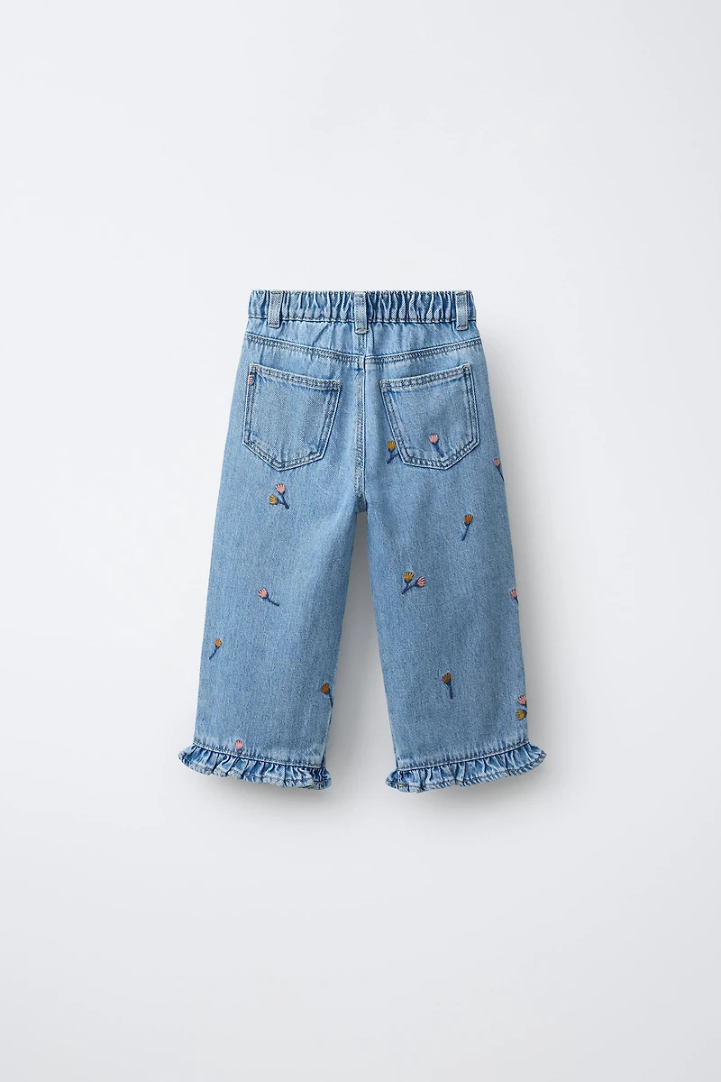 EMBROIDERED RUFFLED CULOTTE JEANS