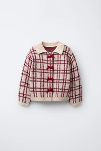 PLAID VELVET BOW CARDIGAN