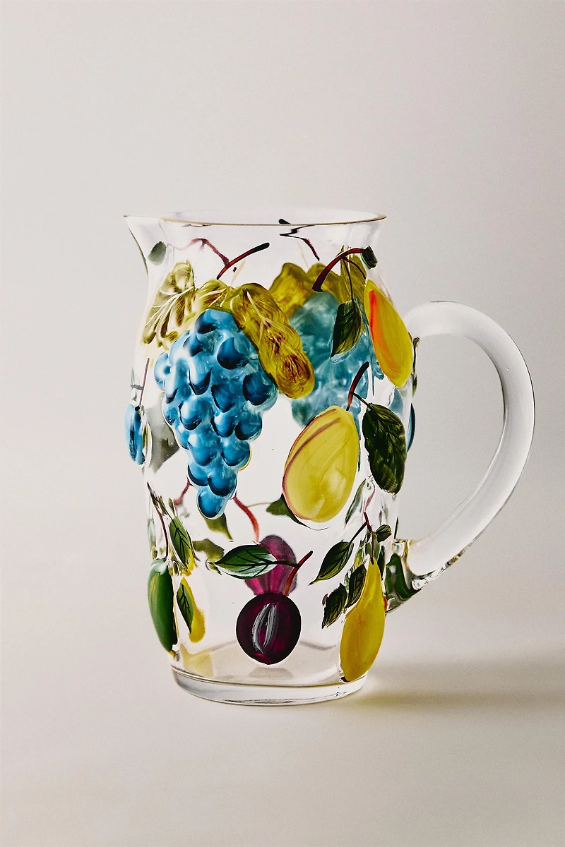 RAISED FRUIT DESIGN GLASS PITCHER
