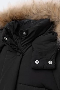 WATER REPELLENT 50% FEATHER AND DOWN PUFFER COAT WITH REMOVABLE FAUX FUR HOODIE