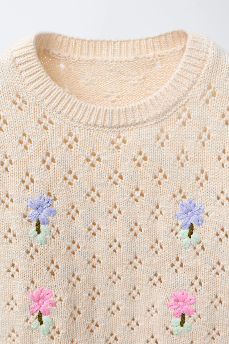 EMBROIDERED FLOWER OPENWORK KNIT TOP