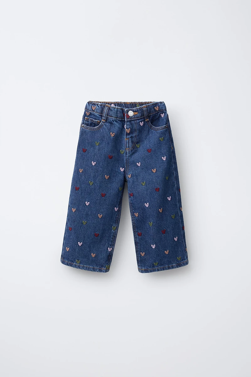 HEART EMBROIDERED CULOTTE JEANS
