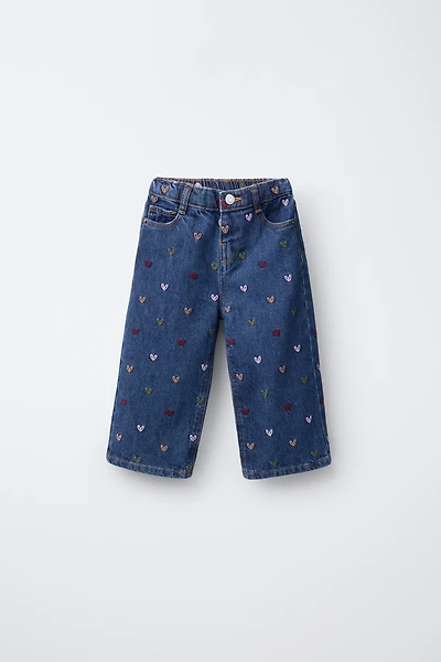 HEART EMBROIDERED CULOTTE JEANS