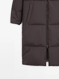 Long water-repellent hooded puffer jacket