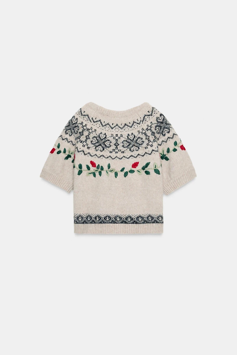 SHORT SLEEVE EMBROIDERED JACQUARD KNIT JUMPER