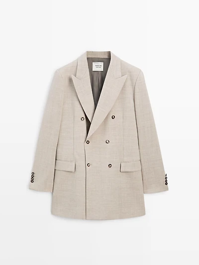 Long 100% wool double-breasted blazer