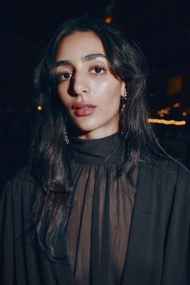 DRAPED SEMI-SHEER PUFF SLEEVE TOP