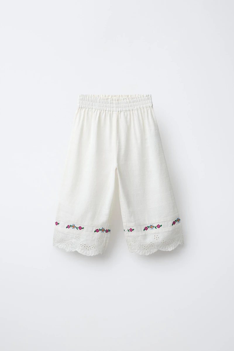 JUPE-CULOTTE FLEURS BRODÉES AVEC COTON ET LIN