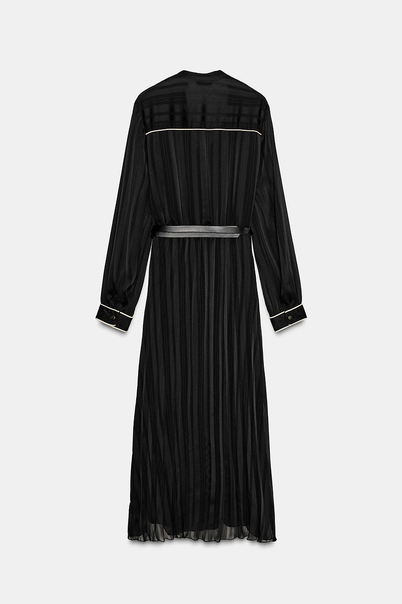 CONTRAST PIPING BELTED PLEATED MIDI DRESS