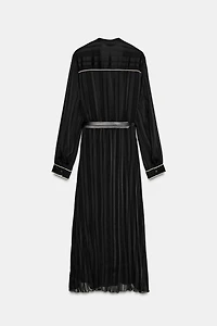CONTRAST PIPING BELTED PLEATED MIDI DRESS