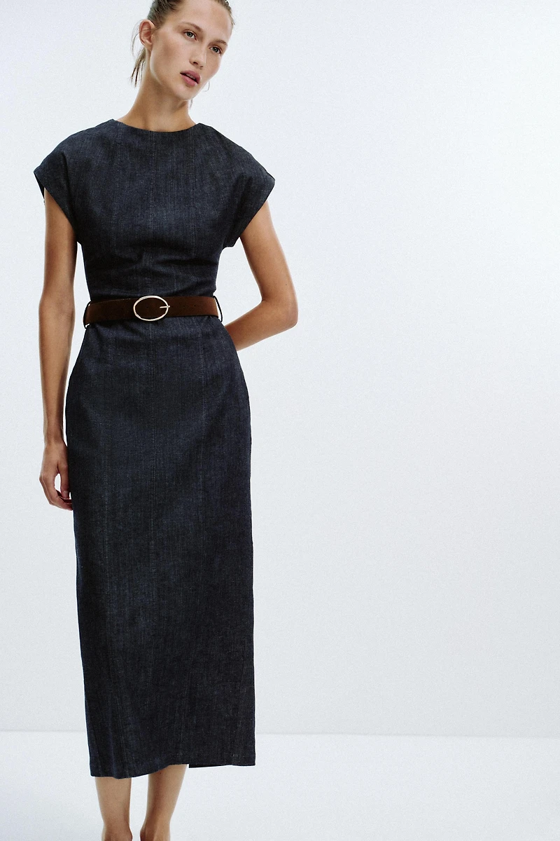 BELTED FITTED MIDI DRESS