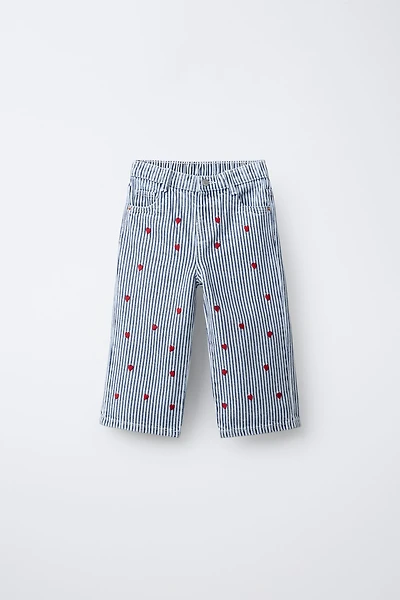 EMBROIDERED STRIPES AND HEARTS CULOTTE JEANS