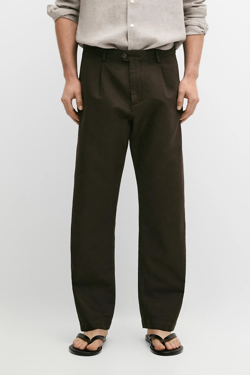 Straight-leg linen and cotton trousers with darts