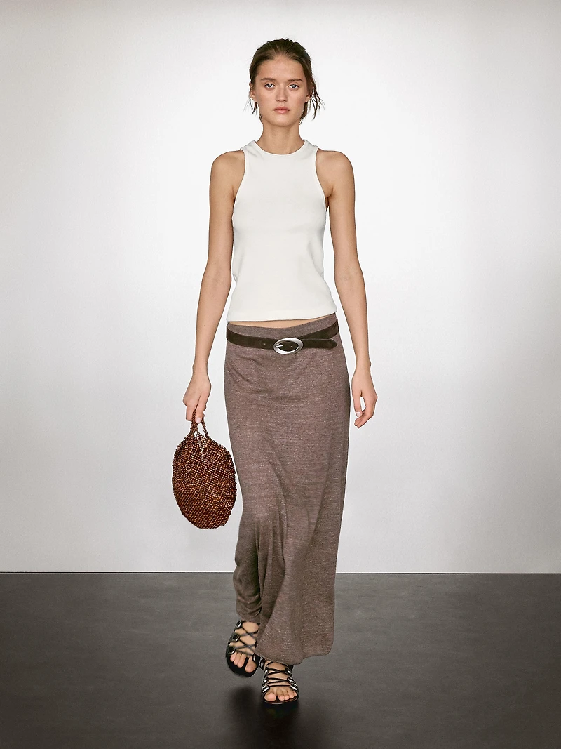 Long linen blend knit skirt