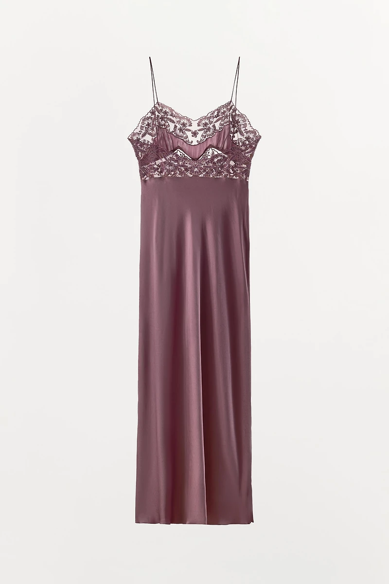 SATIN EFFECT EMBROIDERED LACE DRESS