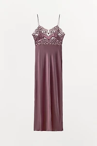 SATIN EFFECT EMBROIDERED LACE DRESS