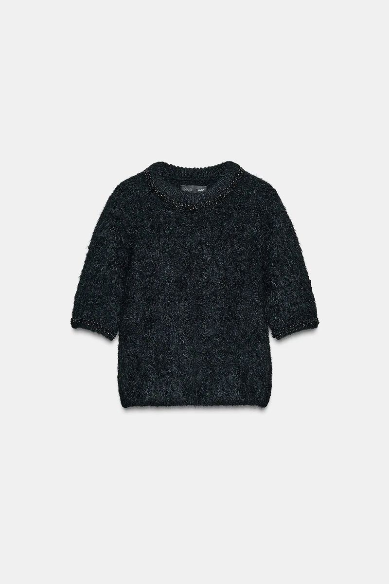 SHORT SLEEVE KNIT BEADED JEWEL SWEATER