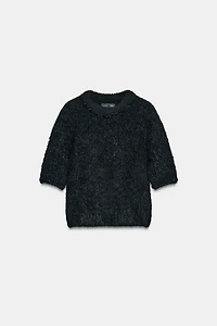 SHORT SLEEVE KNIT BEADED JEWEL SWEATER