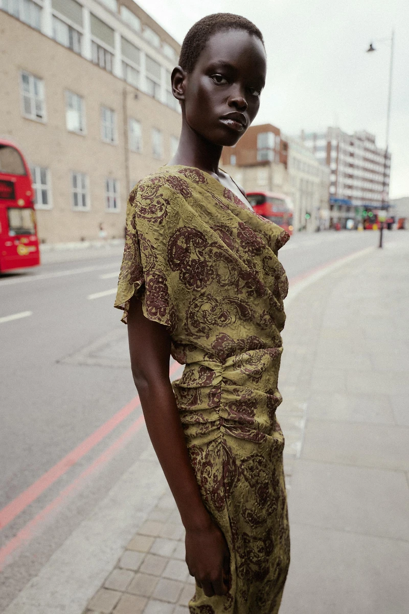 ASYMMETRIC PRINTED MIDI DRESS
