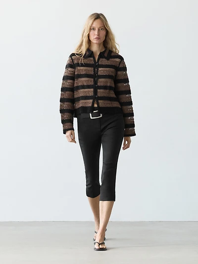 Short striped crochet knit cardigan
