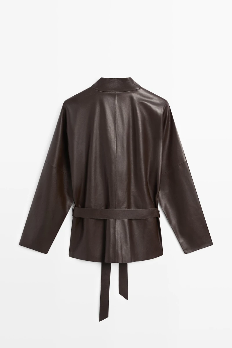 Wrap-front nappa leather jacket with tie detail