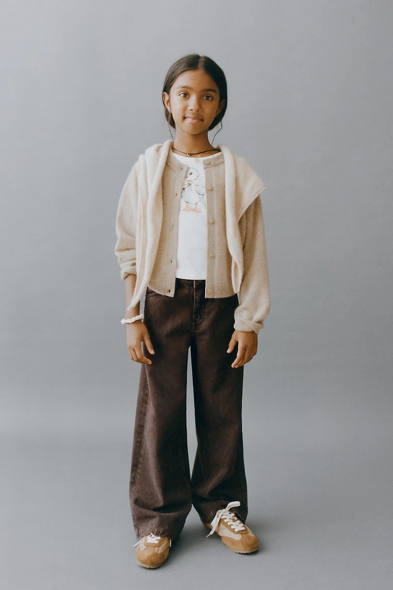 STRAIGHT LEG DENIM PANTS WITH WAVY EMBROIDERY