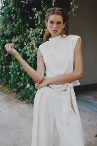 SATIN EFFECT SHOULDER PAD KNOT TOP