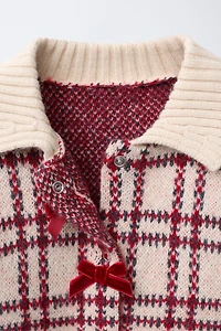 PLAID VELVET BOW CARDIGAN