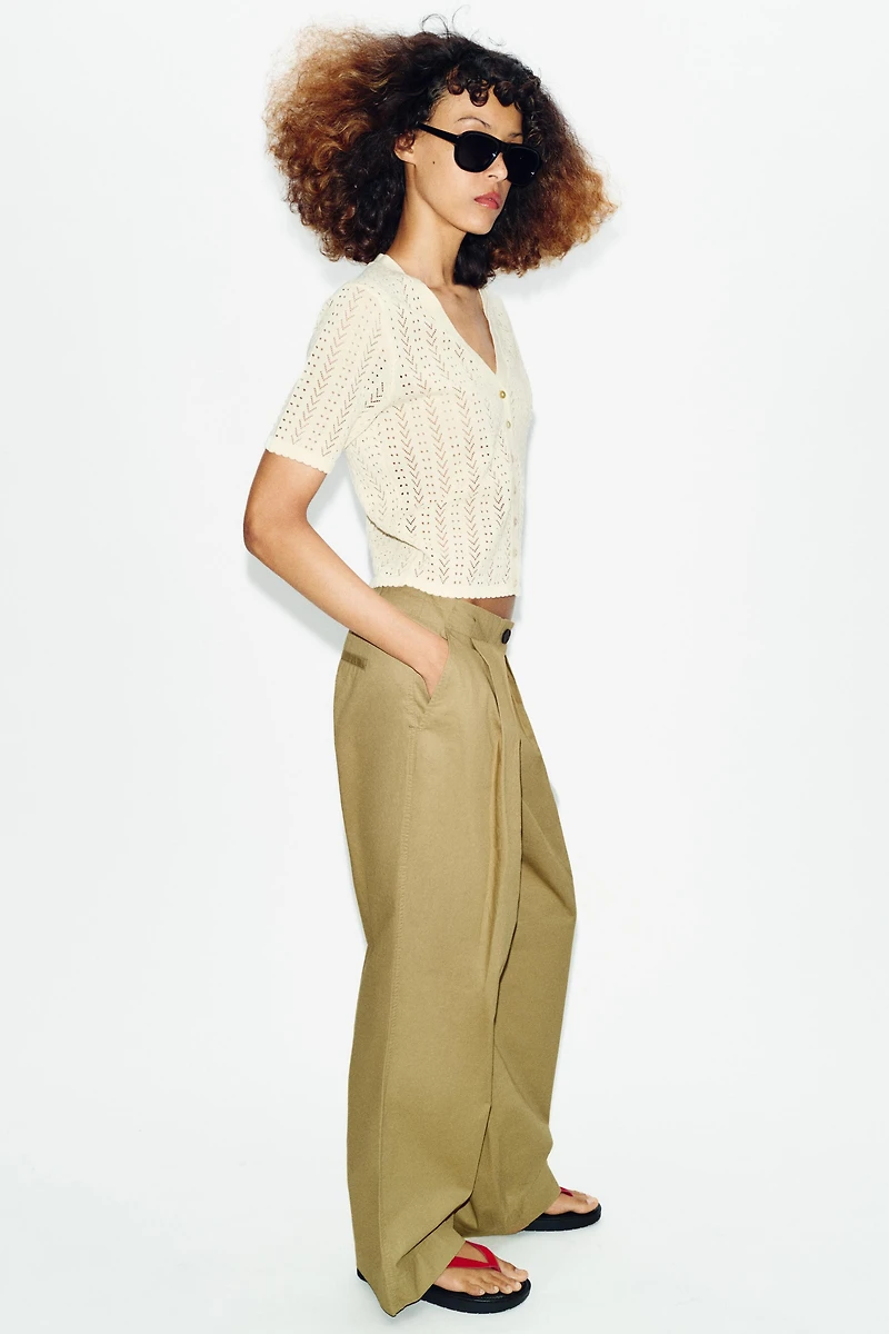 SHORT SLEEVE POINTELLE KNIT CARDIGAN