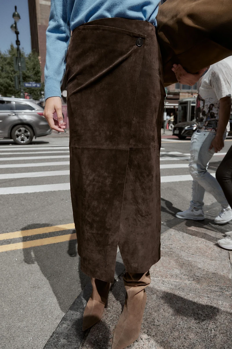 100% LEATHER WRAP MIDI SKIRT