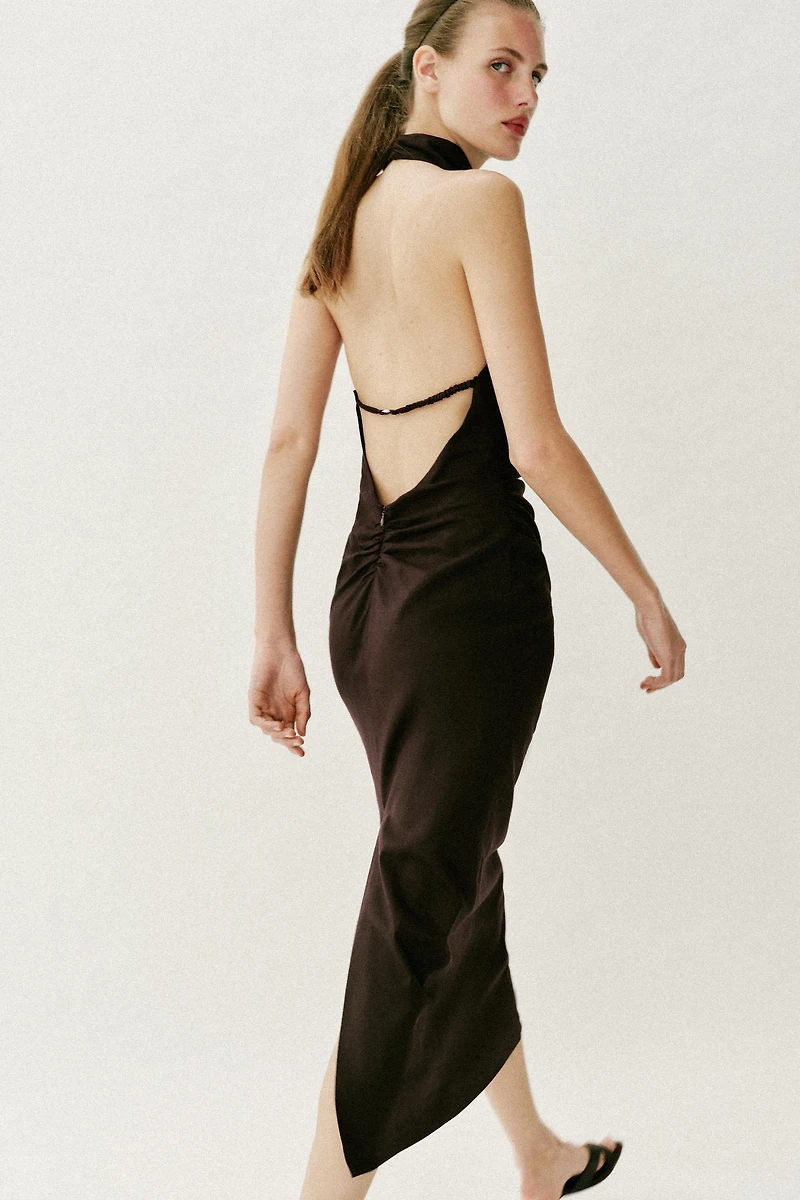 LINEN HALTER NECK MIDI DRESS