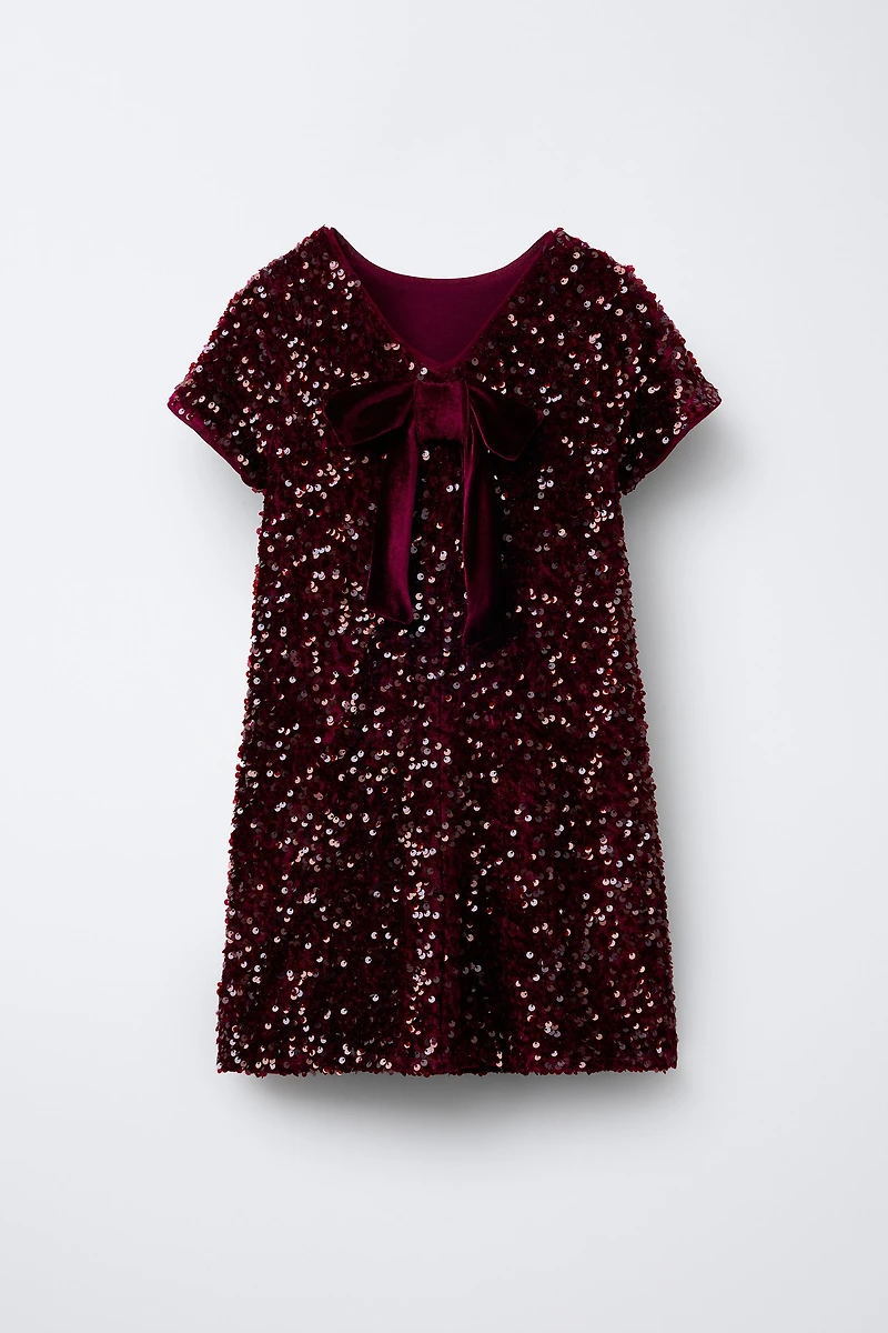 SEQUIN VELVET BOW DRESS
