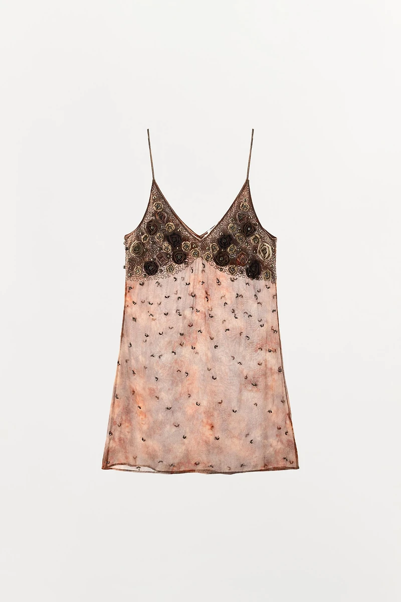 TIE-DYE PRINTED DRESS WITH RAISED FLOWERS