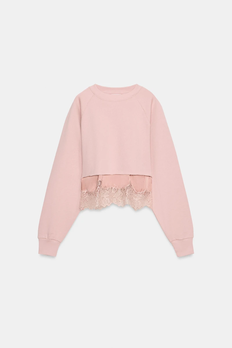 COMBINATION LACE TRIM CROPPED SWEATSHIRT