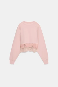 COMBINATION LACE TRIM CROPPED SWEATSHIRT