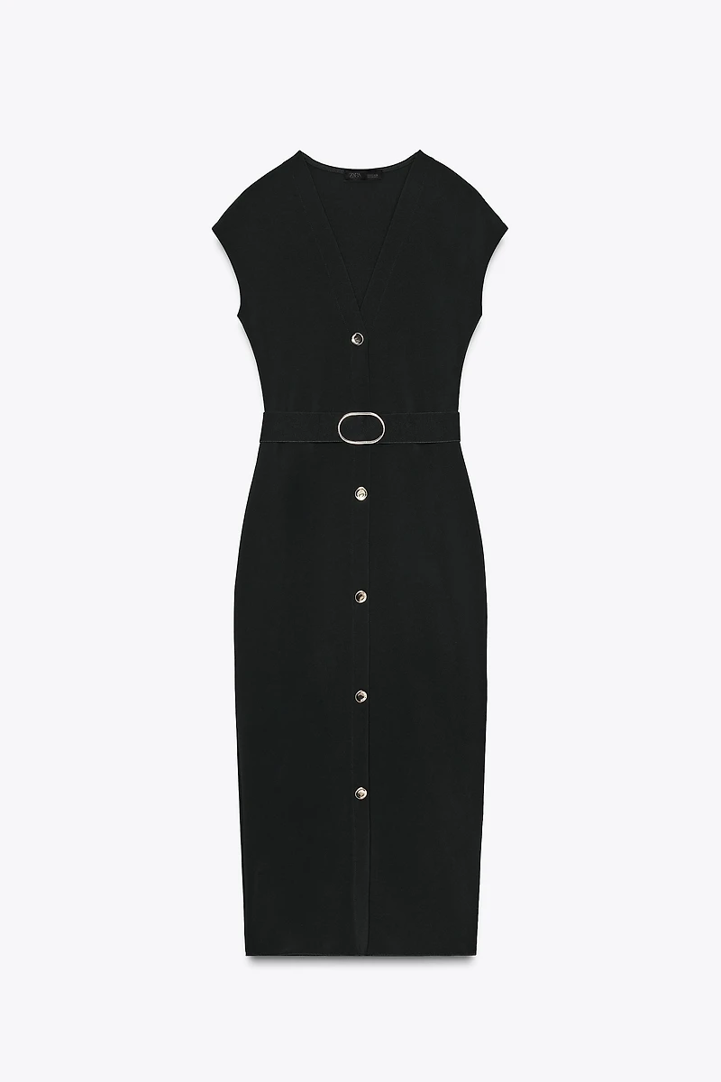 BELTED STRETCH MIDI DRESS