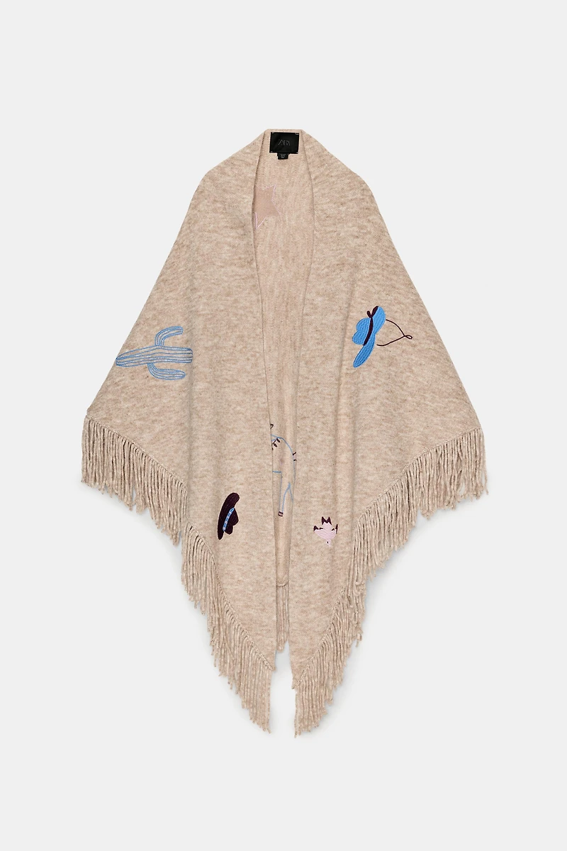 EMBROIDERED FRINGED SHAWL